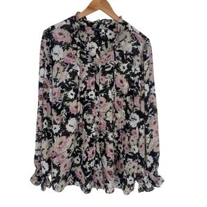 Torrid Floral Print Blouse Top Size 2X Tie Neck  Long Sleeve Semi Sheer
